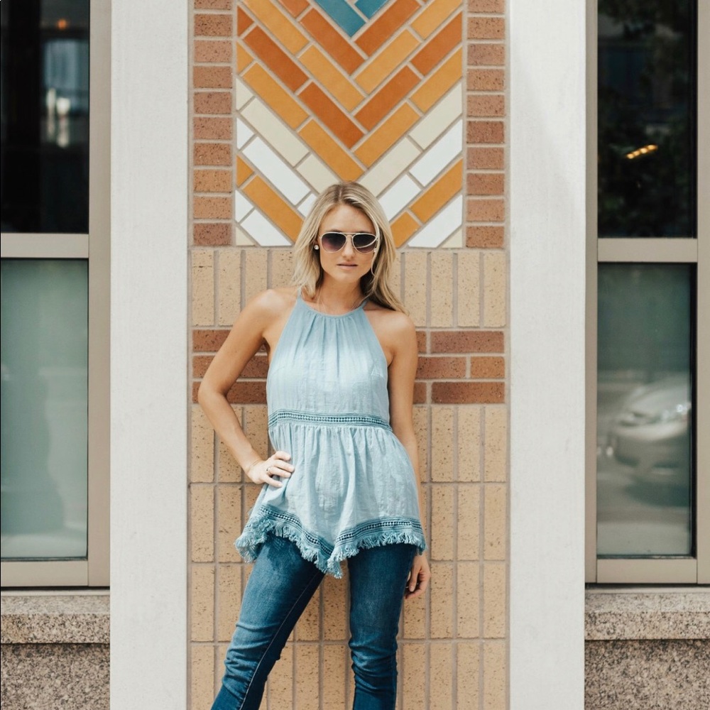 Teal lace and fringe top